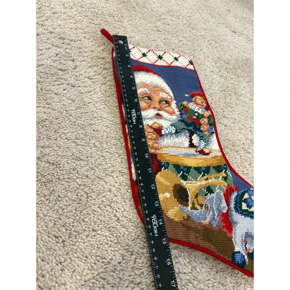 Vintage Santa Claus Christmas Stocking Needlepoint Gift Bag Soft‎ Red Backing